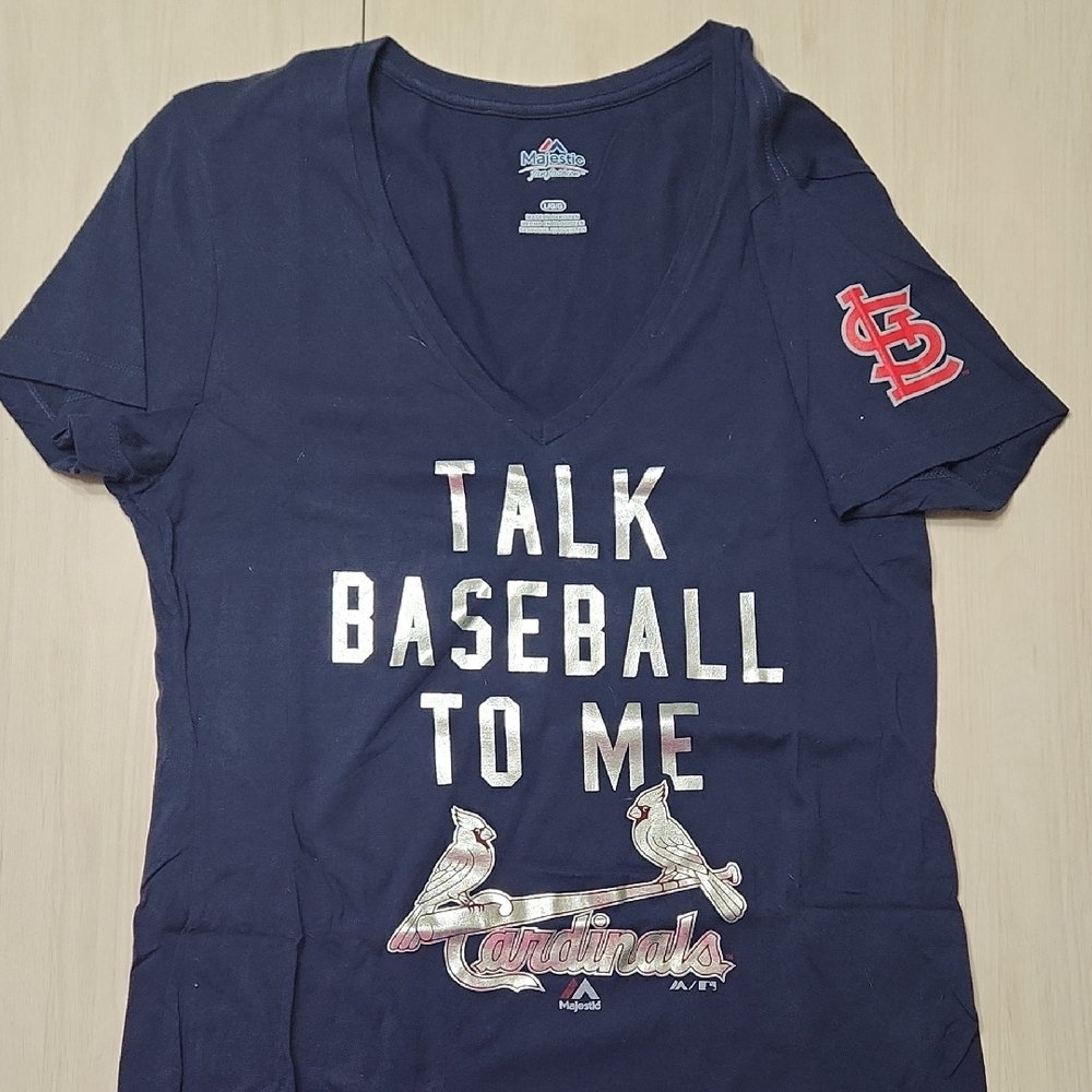 Majestic Navy MLB St Louis Cardinals Baseball V-neck Graphic Tee